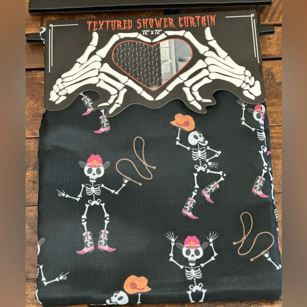 Black & Pink Dancing Skeleton Cowboy Western Print Shower Curtain